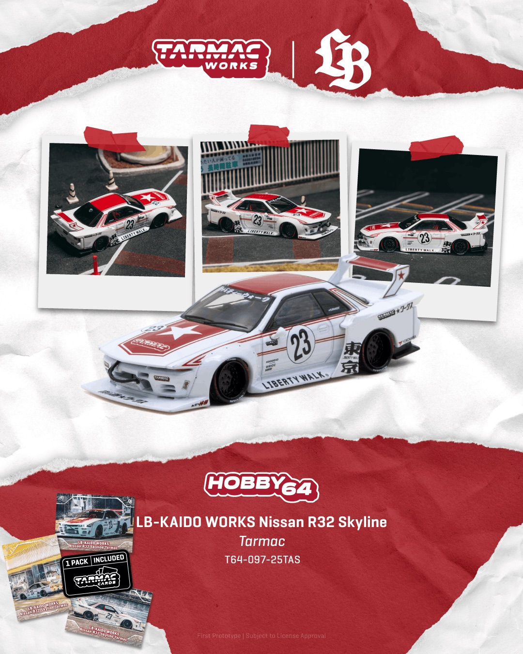 Tarmac Works LB Kaido Nissan R32 Skyline + Trading Cards Combo